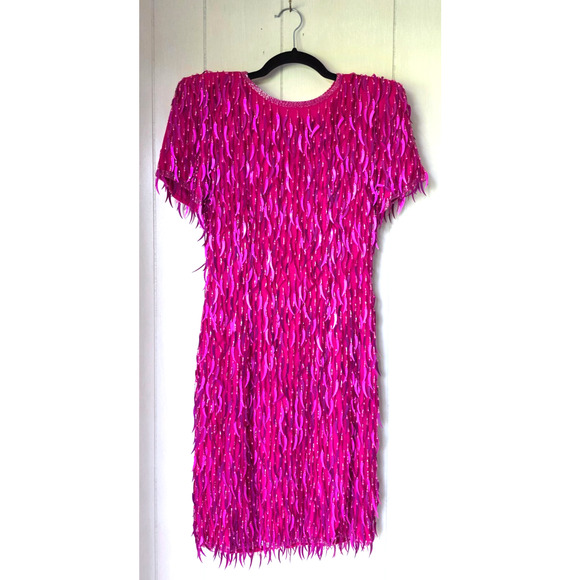AJ Bari Silk Hot Pink Cattail Sequin Beaded Fringe Vintage Trophy Sheath Dress 6 - Picture 1 of 13
